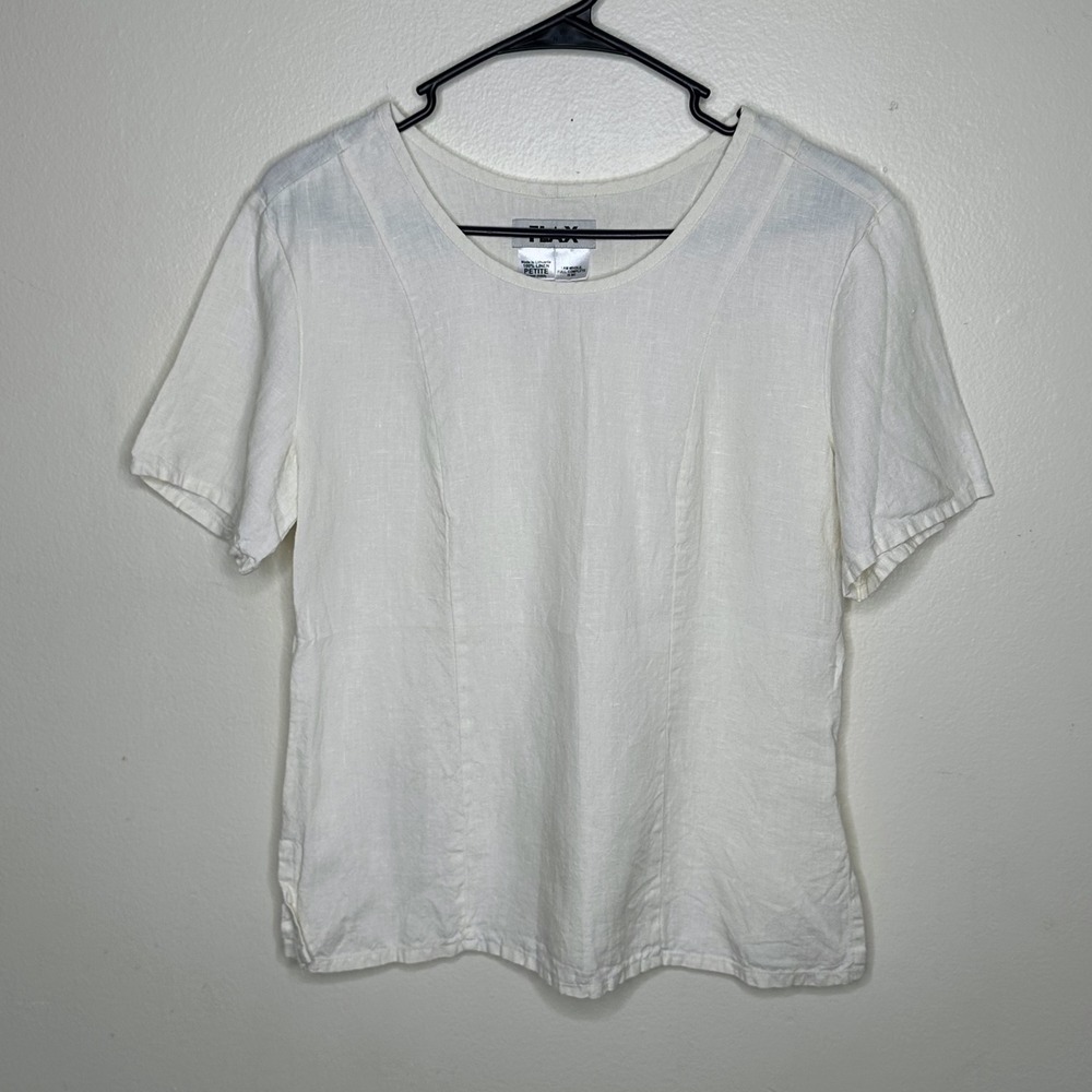 FLAX Top White 100% Linen Short Sleeve Scoop Neck Petite (4-6)‎